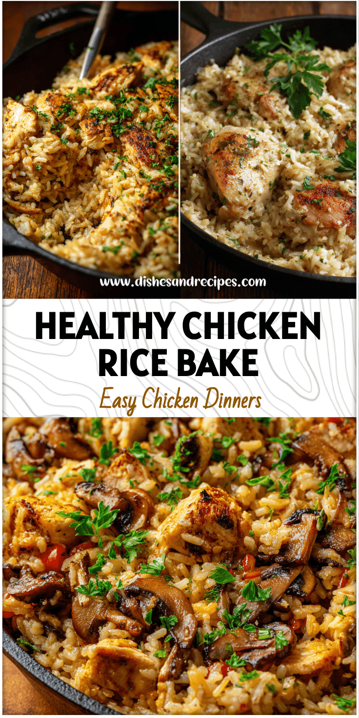 Cast iron skillet filled with baked gluten and dairy free chicken and rice casserole topped with parsley.